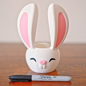May include: White ceramic bunny planter with pink ears and a black painted face. The planter has a small opening at the top for planting.