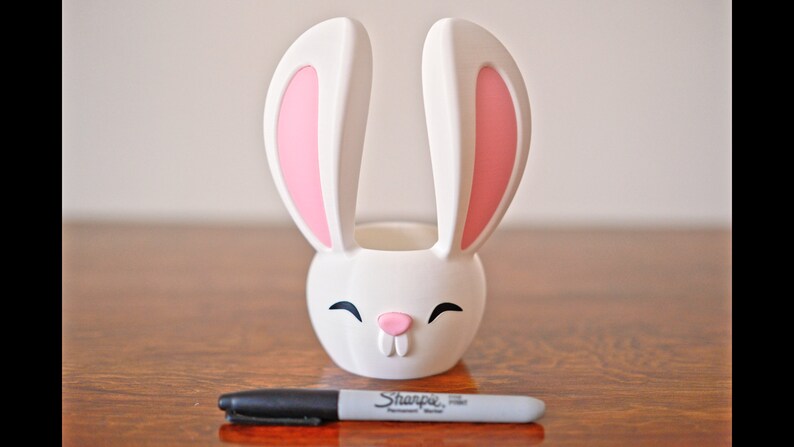 May include: White ceramic bunny planter with pink ears and a black painted face. The planter has a small opening at the top for planting.