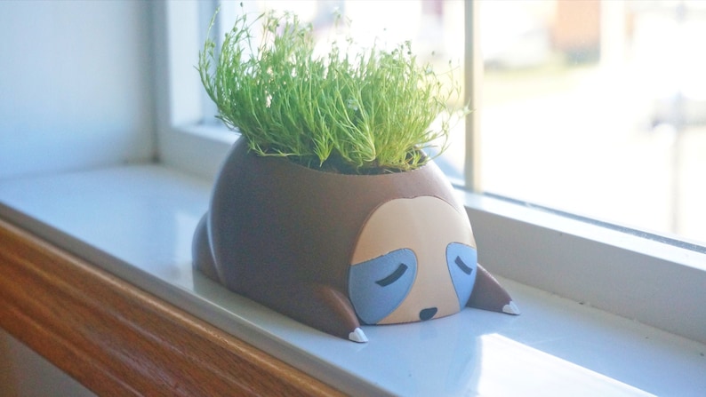 May include: A brown and beige sloth planter with blue eyes and a closed mouth. The planter is filled with green moss and is sitting on a white windowsill.