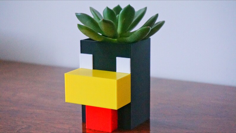 May include: A black, white, yellow, and red planter shaped like a pixelated face with a green succulent plant growing inside.