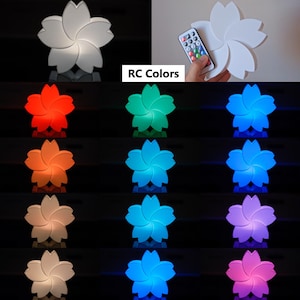 Puede incluir: Una luz nocturna blanca en forma de flor de cinco p&eacute;talos con un mando a distancia. La luz se puede cambiar a diferentes colores, incluidos rojo, naranja, amarillo, verde, azul, morado y rosa. "RC Colors" est&aacute; escrito en la imagen.