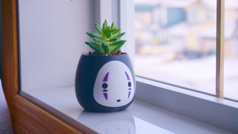 May include: A small, black ceramic pot with a white face design and purple accents, holding a green succulent plant. The pot is oval-shaped and sits on a white windowsill. The background is blurred, showing a window and a snowy outdoor scene.