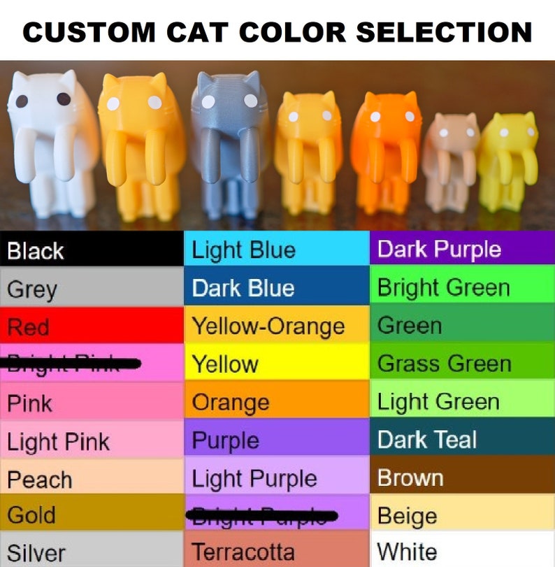 Peut inclure: Un tableau pr&eacute;sentant 18 options de couleurs pour une figurine de chat personnalis&eacute;e. Les couleurs incluent le noir, le gris, le rouge, le rose, le rose clair, la p&ecirc;che, l'or, l'argent, le bleu clair, le bleu fonc&eacute;, l'orange jaune, le jaune, l'orange, le violet, le violet clair, le violet fonc&eacute;, le vert vif, le vert, le vert herbe, le vert clair, le bleu sarcelle fonc&eacute;, le marron, le beige et le blanc.