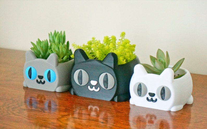 Pode incluir: Tr&ecirc;s vasos com formato de gato, cada um de uma cor diferente: cinza, preto e branco. Cada vaso tem um rosto de desenho animado bonito com olhos azuis e um pequeno nariz. Os vasos est&atilde;o cheios de suculentas verdes.