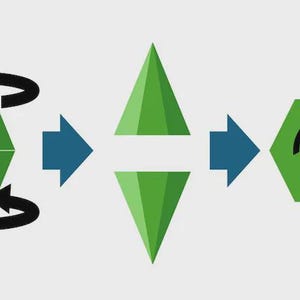 May include: An infographic illustrating a process. A green diamond shape rotates, then splits into two triangles, followed by a blue arrow pointing to a green hexagon with a gear symbol and rotating arrows. The background is light gray.