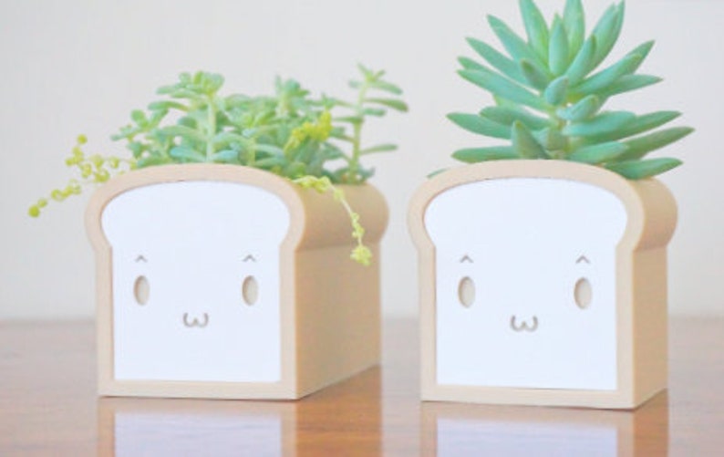 May include: Two white ceramic planters shaped like slices of bread with cute cartoon faces. Each planter is filled with green succulents.