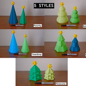 May include: A collection of five different styles of Christmas tree decorations. Each tree is topped with a yellow star. The styles include Pointy, Bubbly, Teardrop, Wavy, and Pinecone. The trees are in various shades of green and blue.
