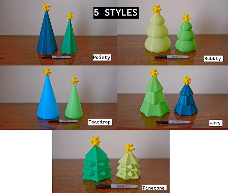 May include: A collection of five different styles of Christmas tree decorations. Each tree is topped with a yellow star. The styles include Pointy, Bubbly, Teardrop, Wavy, and Pinecone. The trees are in various shades of green and blue.