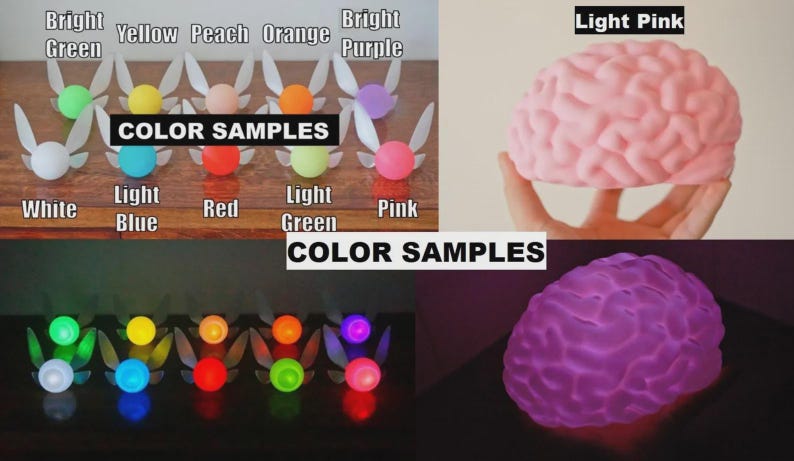 May include: A collage showcasing various color options for decorative items. The image includes a series of fairy-like figures with glowing orbs in colors like white, light blue, red, and pink. A light pink brain-shaped object is also displayed.