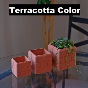 Pu&ograve; includere: Tre vasi in terracotta con motivo a mattoni, il pi&ugrave; grande con una piccola pianta grassa. Il testo "Terracotta Color" &egrave; visualizzato sopra i vasi.