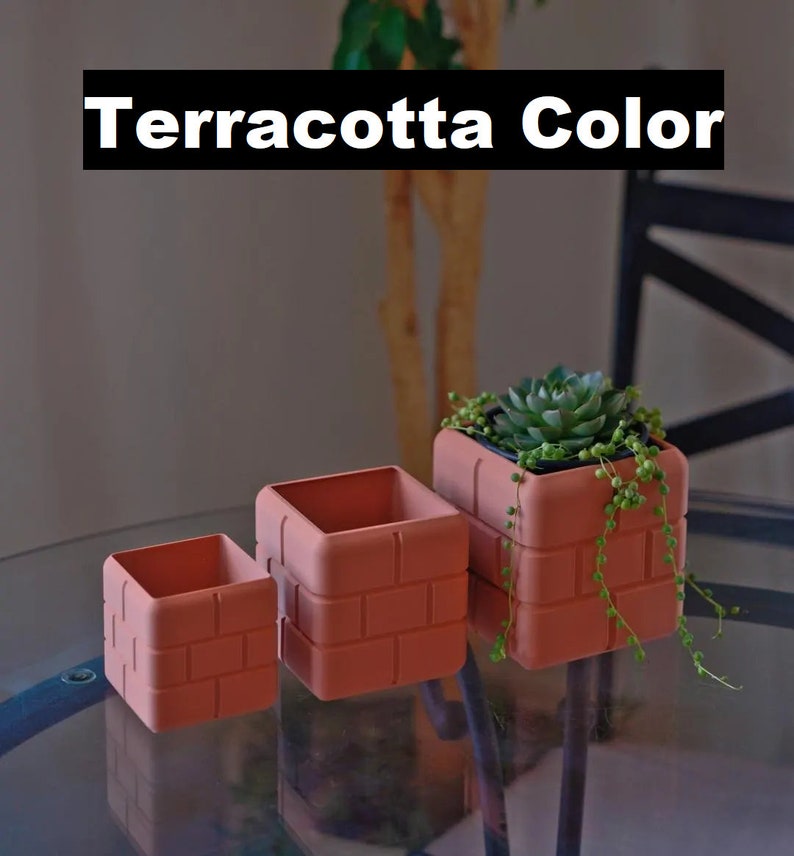 Pu&ograve; includere: Tre vasi in terracotta con motivo a mattoni, il pi&ugrave; grande con una piccola pianta grassa. Il testo "Terracotta Color" &egrave; visualizzato sopra i vasi.