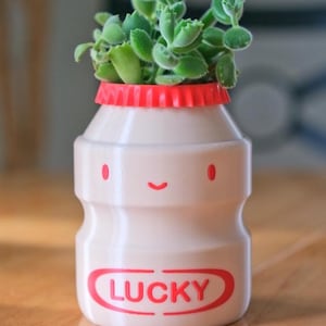 May include: A small, cream-colored planter shaped like a bottle, with a red cap and the word "LUCKY" in red. The planter has a smiling face and is filled with a green succulent plant. The planter is on a wooden surface.