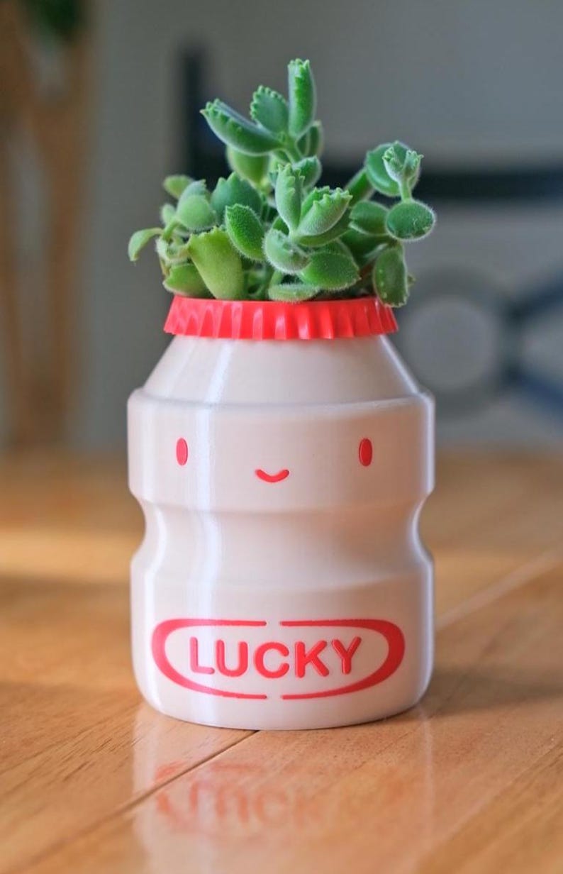 May include: A small, cream-colored planter shaped like a bottle, with a red cap and the word "LUCKY" in red. The planter has a smiling face and is filled with a green succulent plant. The planter is on a wooden surface.