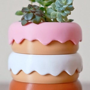 Puede incluir: Un conjunto de tres macetas de cer&aacute;mica en rosa, blanco y naranja con un borde festoneado. Las macetas est&aacute;n llenas de una variedad de suculentas verdes.