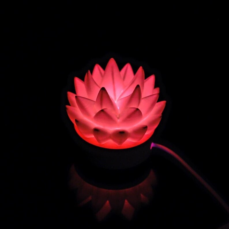 K&ouml;nnte beinhalten: Ein leuchtendes rotes Lotusblumen-Nachtlicht vor schwarzem Hintergrund. Die Bl&uuml;tenbl&auml;tter der Blume sind beleuchtet und erzeugen ein weiches, umgebendes Leuchten. Das Licht ist mit einem d&uuml;nnen, lila Kabel verbunden.