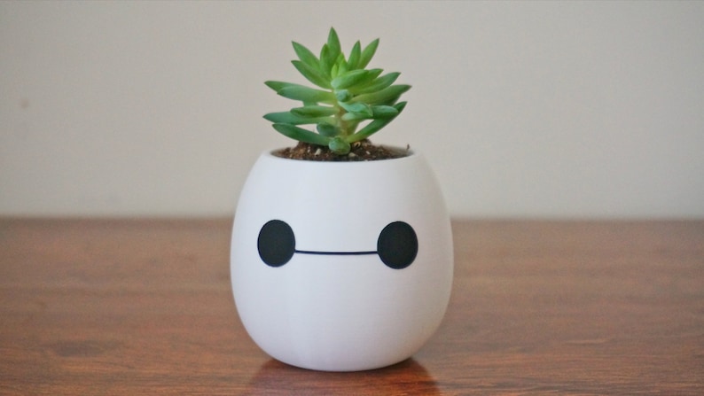 Pu&ograve; includere: Vaso di ceramica bianco a forma del personaggio Baymax del film Disney Big Hero 6. Il vaso contiene una pianta grassa verde.
