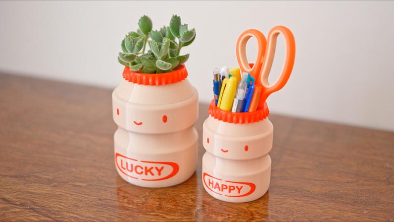 May include: Two decorative containers, one with a succulent plant and the other with pens and scissors. The containers are shaped like bottles with orange accents and smiling faces. One says "LUCKY" and the other says "HAPPY".