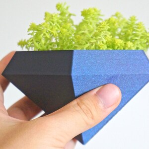 May include: A black and blue geometric planter with a small green succulent plant inside. The planter is shaped like a diamond and is being held in a hand.
