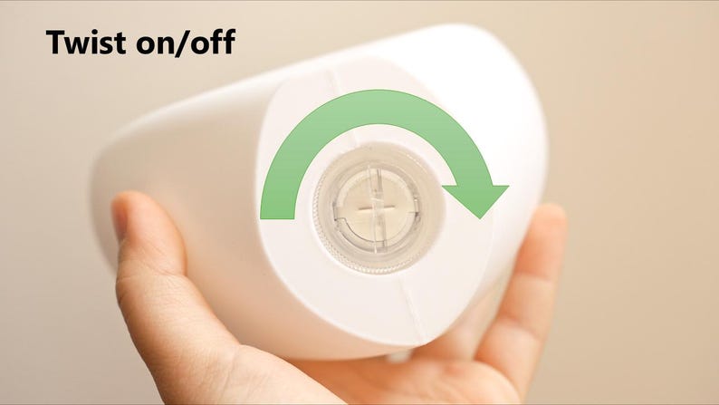 May include: White diffuser with a twist on/off mechanism. The diffuser has a circular opening with a clear plastic insert. To turn the diffuser on or off, twist the clear plastic insert clockwise or counterclockwise.
