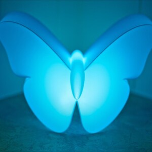 May include: A glowing blue butterfly-shaped lamp. The lamp has a smooth, rounded design with a soft, diffused light. The wings are spread wide, and the body is centered, creating a symmetrical and calming aesthetic. The lamp is a decorative lighting fixture.