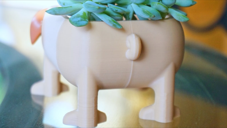 May include: A beige ceramic planter shaped like a dog with a succulent plant growing inside. The planter has four legs and a tail.