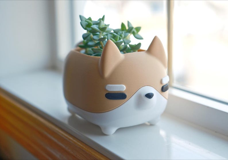 May include: A tan and white ceramic planter shaped like a dog with a small succulent plant inside. The planter has black eyes and a white nose.