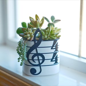 May include: A white ceramic planter with a black musical note design, filled with green succulents. The planter features a treble clef and 4/4 time signature. The arrangement sits on a windowsill.
