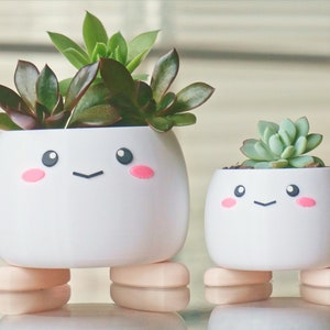 May include: Two white ceramic planters with cute cartoon faces and pink cheeks. The planters have small legs and are filled with green succulents.