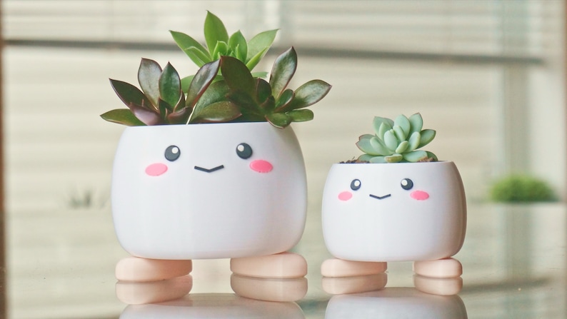 May include: Two white ceramic planters with cute cartoon faces and pink cheeks. The planters have small legs and are filled with green succulents.