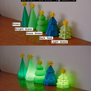May include: A collection of decorative Christmas tree figurines in various shades of green, each topped with a yellow star. The image includes text that reads "Green Color Options" and labels each tree's color: Green, Bright Green, Grass Green, Dark Teal, and Light Green.