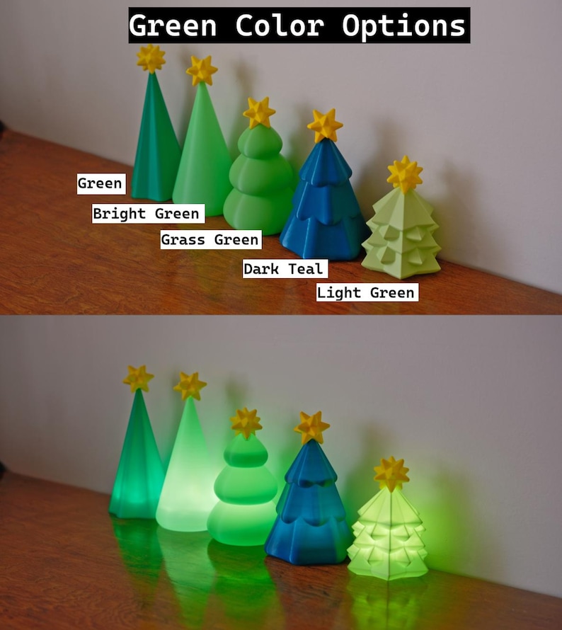 May include: A collection of decorative Christmas tree figurines in various shades of green, each topped with a yellow star. The image includes text that reads "Green Color Options" and labels each tree's color: Green, Bright Green, Grass Green, Dark Teal, and Light Green.