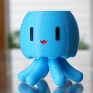 May include: A light blue 3D printed planter shaped like a smiling octopus with black eyes and a red mouth. The planter has six tentacles.