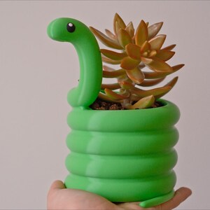 May include: A green snake-shaped planter holding a succulent plant. The planter is a vibrant green with a coiled body and a snake head. The succulent has orange-brown leaves.