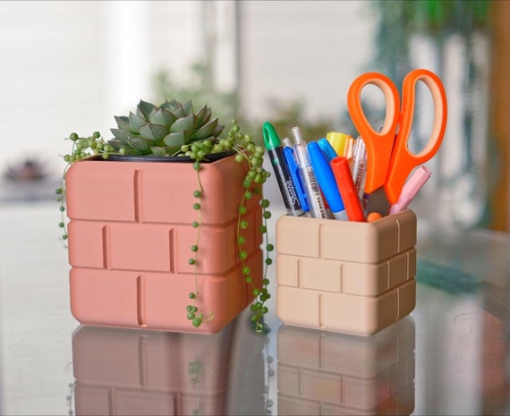 Brick Block Planter: Minimalist Pen Pencil Holder, New Age Decor