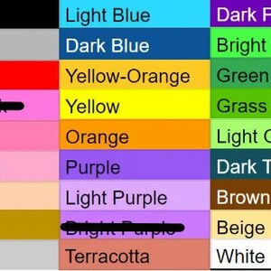 Puede incluir: Una carta de colores con 10 filas de muestras de colores. Los colores son negro, gris, rojo, rosa brillante, rosa, rosa claro, melocot&oacute;n, oro, plata y terracota. La segunda columna muestra los colores azul claro, azul oscuro, amarillo-naranja, amarillo, naranja, morado, morado claro, morado brillante y terracota. La tercera columna muestra los colores morado oscuro, verde brillante, verde, verde hierba, verde claro, azul oscuro, marr&oacute;n, beige y blanco.