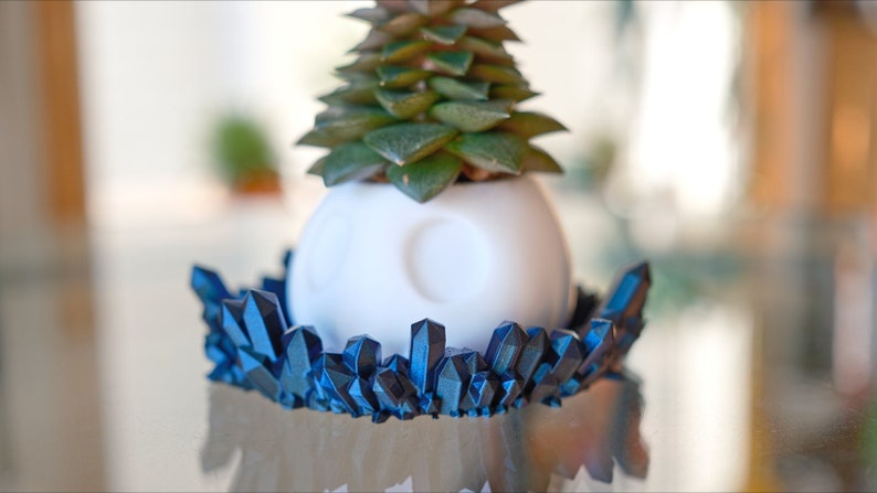 May include: A white ceramic planter with a succulent plant growing out of the top. The planter is sitting on a bed of blue crystal-like objects.