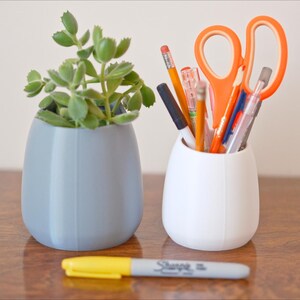 May include: Two egg-shaped containers, one light blue and one white, sit on a wooden surface. The blue container holds a green succulent plant. The white container holds orange scissors, pencils, and pens. A yellow Sharpie marker lies in front.