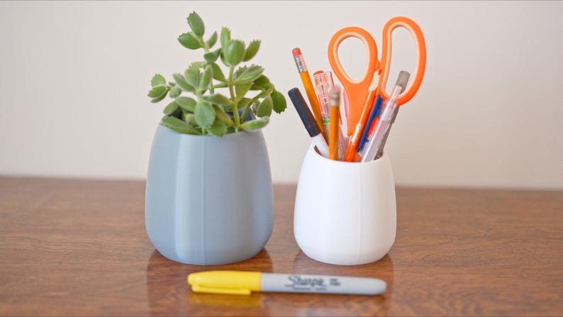 May include: Two egg-shaped containers, one light blue and one white, sit on a wooden surface. The blue container holds a green succulent plant. The white container holds orange scissors, pencils, and pens. A yellow Sharpie marker lies in front.