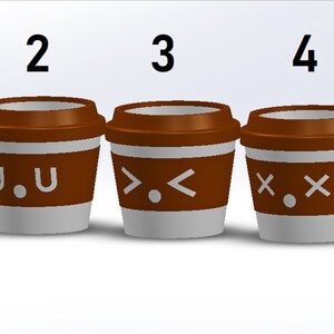 May include: Five brown paper coffee cups with white lids and different cartoon faces on the front. The faces are:  "^^", "u.u", "><", "x.x", and "n.n".