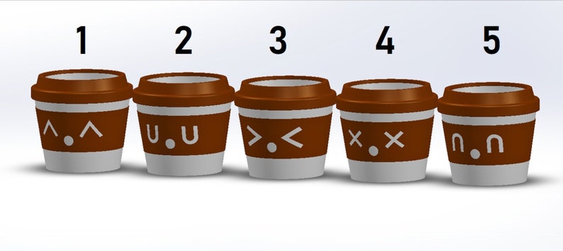 May include: Five brown paper coffee cups with white lids and different cartoon faces on the front. The faces are:  "^^", "u.u", "><", "x.x", and "n.n".