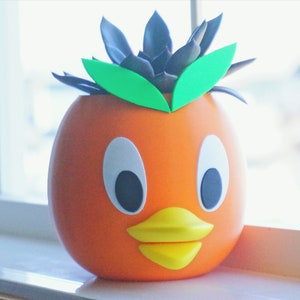 May include: Orange and yellow ceramic planter shaped like a cartoon duck with a succulent plant inside. The plant has dark green leaves and light green leaves.