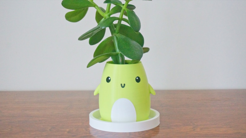 Puede incluir: Un macetero de dibujos animados verde y blanco con una cara sonriente y una peque&ntilde;a planta que crece en la parte superior. El macetero est&aacute; sentado sobre un platillo blanco.