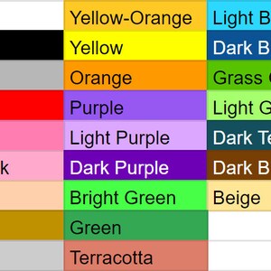 K&ouml;nnte beinhalten: Eine Farbkarte mit 10 Reihen von Farbmustern. Die Farben sind mit ihren Namen beschriftet, darunter Wei&szlig;, Schwarz, Grau, Rot, Rosa, Hellrosa, Pfirsich, Gold, Silber, Gelb-Orange, Gelb, Orange, Lila, Helllila, Dunkellila, Hellgr&uuml;n, Gr&uuml;n, Terrakotta, Hellblau, Dunkelblau, Grasgr&uuml;n, Hellgr&uuml;n, Dunkelblau und Dunkelbraun.