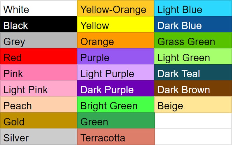 K&ouml;nnte beinhalten: Eine Farbkarte mit 10 Reihen von Farbmustern. Die Farben sind mit ihren Namen beschriftet, darunter Wei&szlig;, Schwarz, Grau, Rot, Rosa, Hellrosa, Pfirsich, Gold, Silber, Gelb-Orange, Gelb, Orange, Lila, Helllila, Dunkellila, Hellgr&uuml;n, Gr&uuml;n, Terrakotta, Hellblau, Dunkelblau, Grasgr&uuml;n, Hellgr&uuml;n, Dunkelblau und Dunkelbraun.
