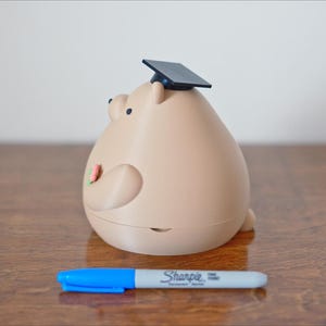 Puede incluir: Un objeto beige con forma de oso que lleva un birrete negro, sosteniendo un peque&ntilde;o objeto rosa. Un rotulador Sharpie azul y gris est&aacute; delante del oso. El oso est&aacute; sobre una superficie de madera.