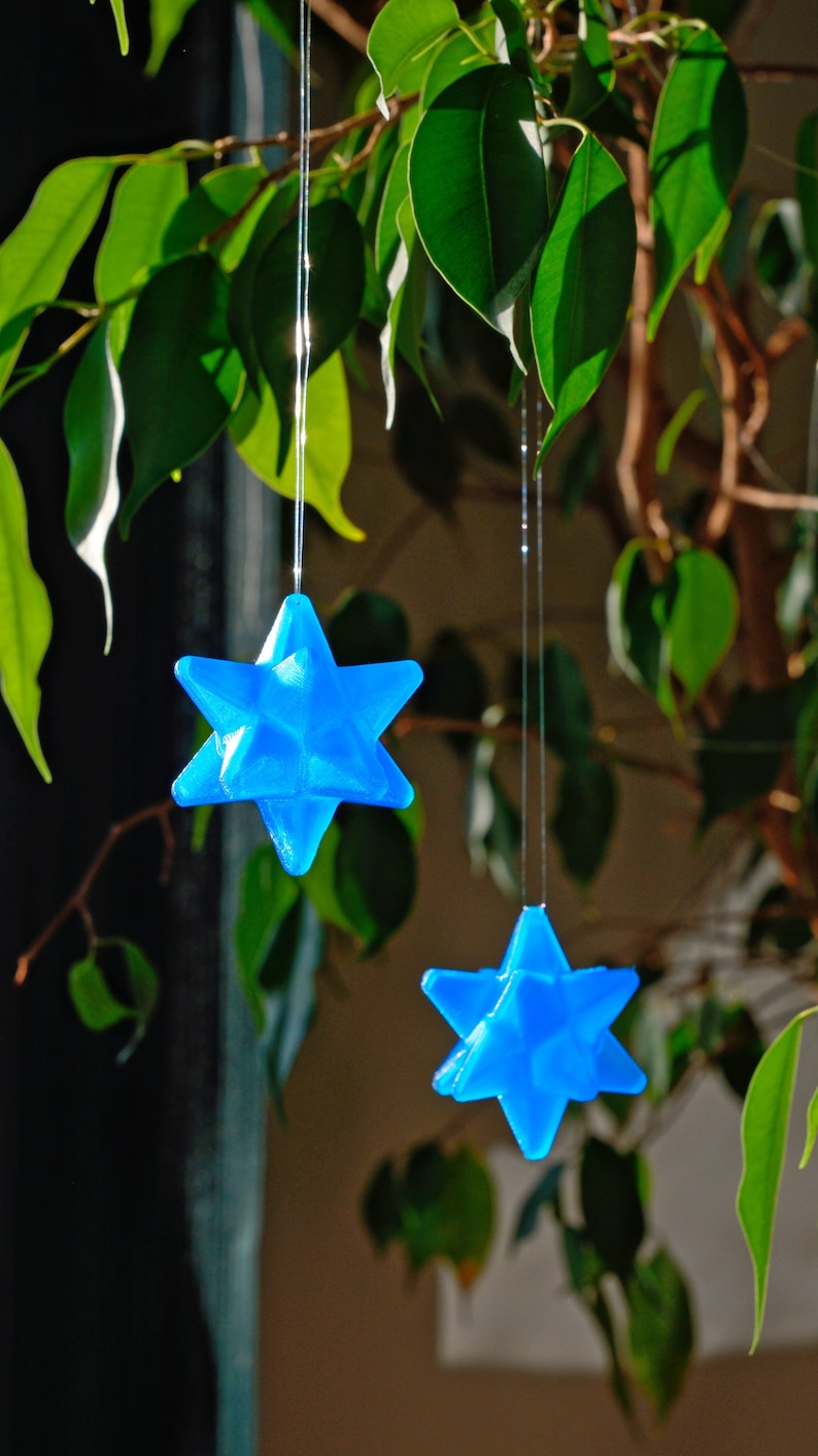 May include: Two blue, star-shaped ornaments hang from a leafy green plant. The stars are made of a translucent material and have a 3D geometric design.