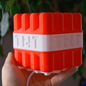 May include: A red and white plastic block with the word "TNT" printed on each side. The block is shaped like a cube and has a textured surface.