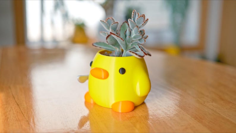 May include: A yellow, duck-shaped planter with orange beak, feet, and wing details, holding a succulent plant with green and red-tipped leaves. The planter is on a wooden table.
