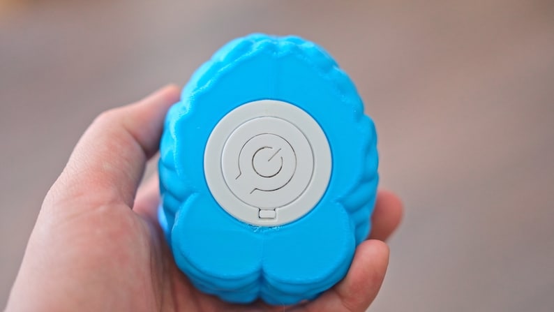May include: A blue brain-shaped stress ball with a white circle on the bottom. The circle has a power button symbol.