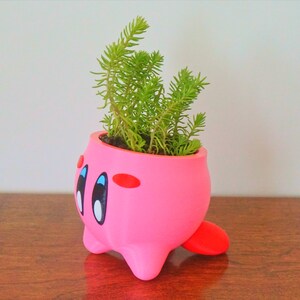 May include: A pink ceramic planter shaped like a cartoon character with a green succulent plant inside. The planter has a red nose and large black eyes with blue pupils.